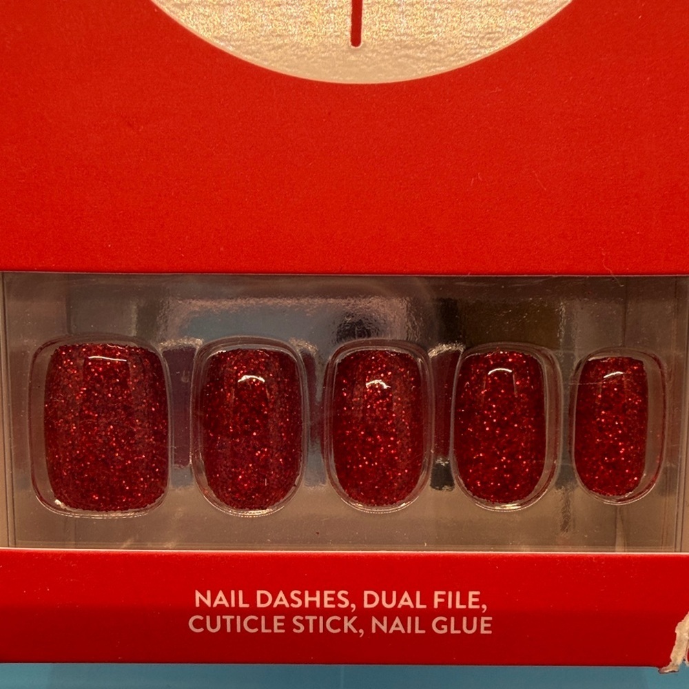 Red Aspen Acrylic Nail Dashes - Sparkling Red Press-On Nails - Picture 2 of 5